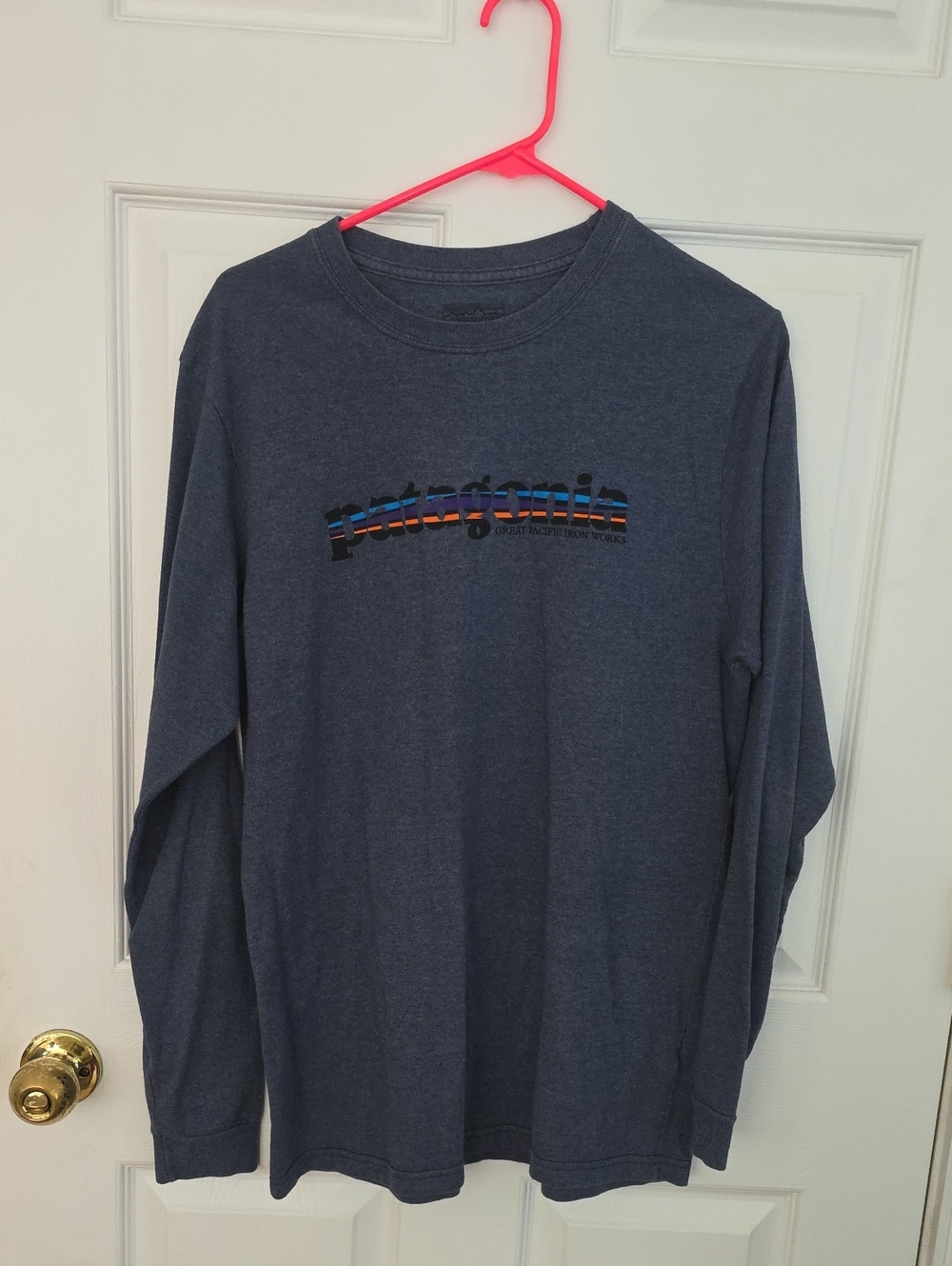 Patagonia Long-Sleeve Logo Tee - Dark Blue with Multicolor Stripe Size M Regular